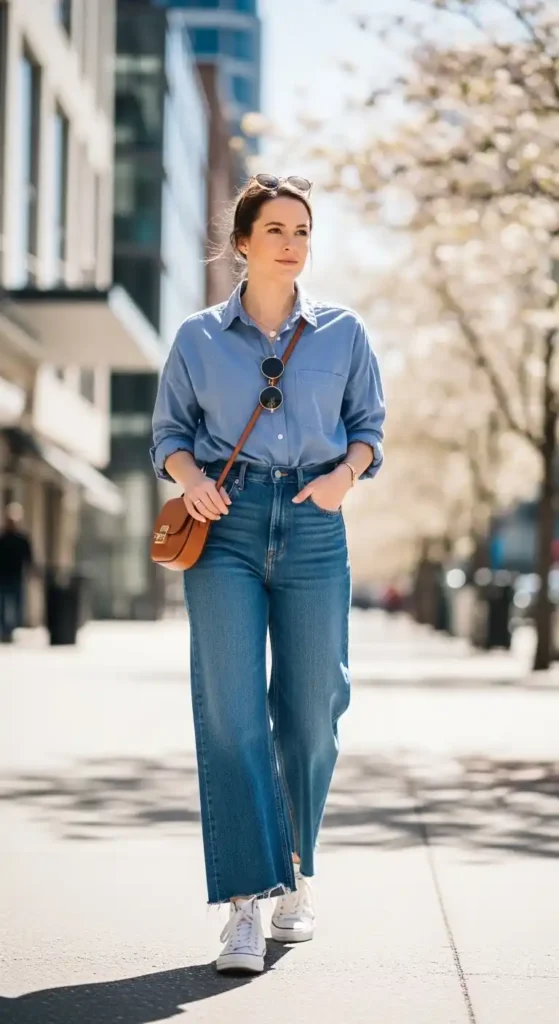 button-down-shirt-wide-leg-jeans-sneakers