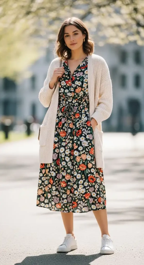 cardigan-floral-midi-dress-clean-sneakers