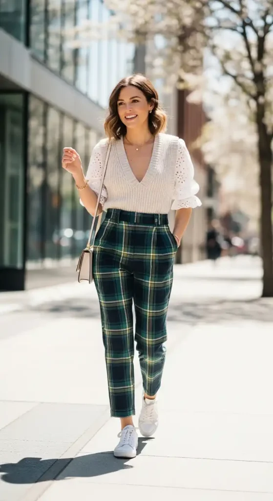 knit-vest-eyelet-top-plaid-pants-sneakers