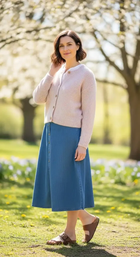 soft-cardigan-denim-midi-skirt-sandals