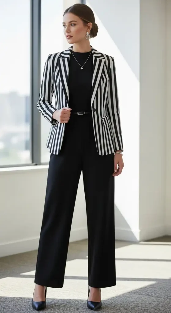 black-jumpsuit-with-black-and-white-striped-jacket