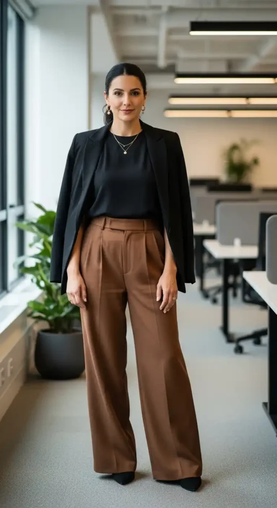 black-top-brown-pants-and-black-blazer
