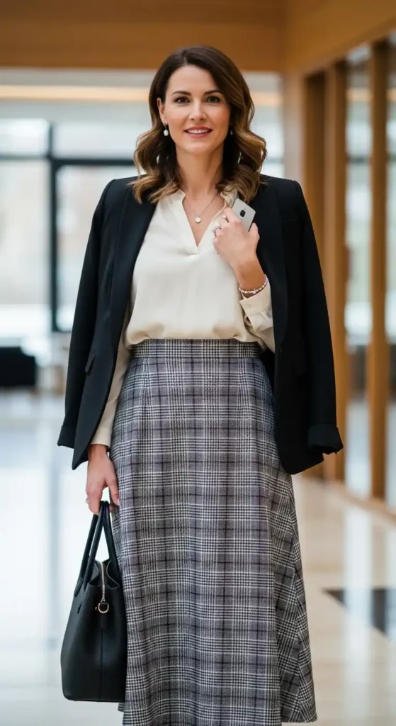 cream-blouse-checked-long-skirt-and-black-blazer