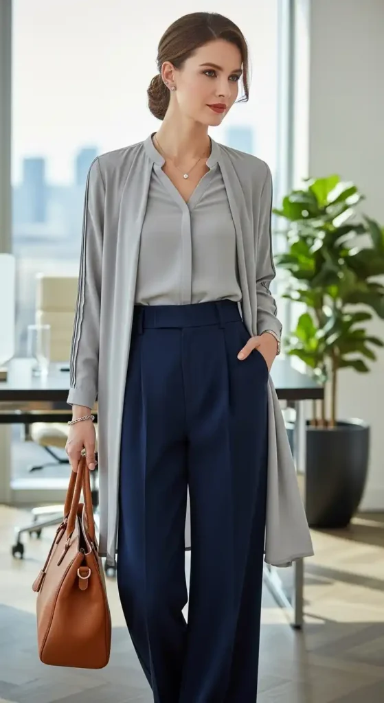 gray-long-button-up-blouse-and-navy-pants