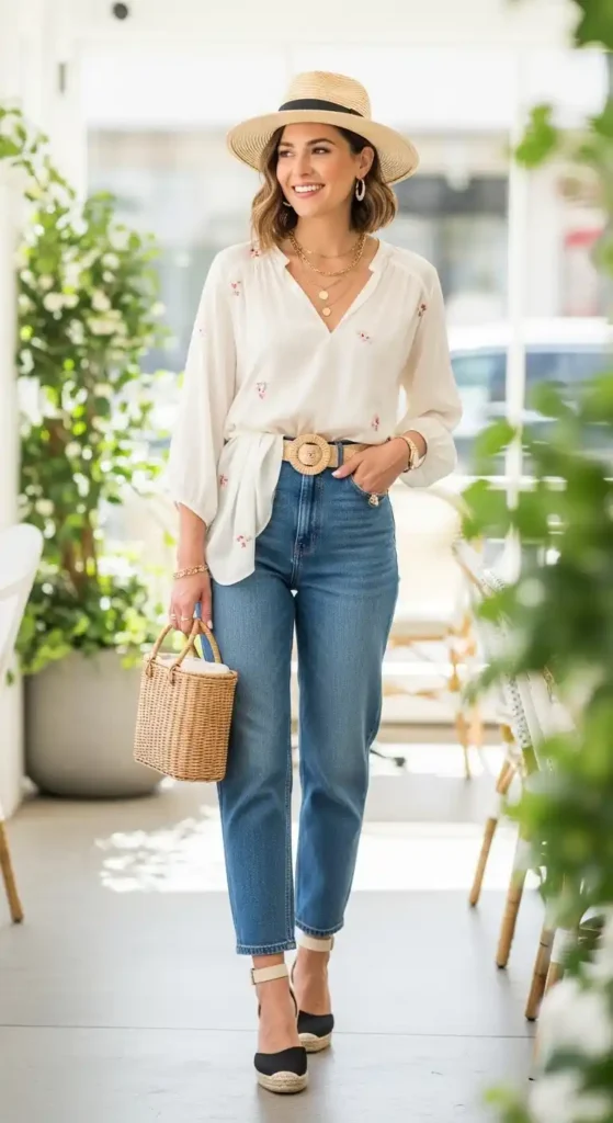high-waist-jeans-with-silk-blouse