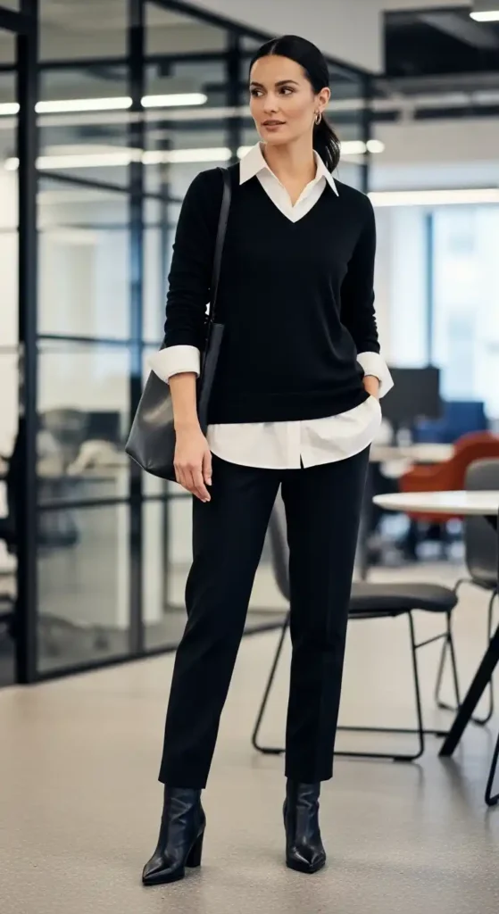 long-collared-shirt-with-black-sweater-and-black-pants