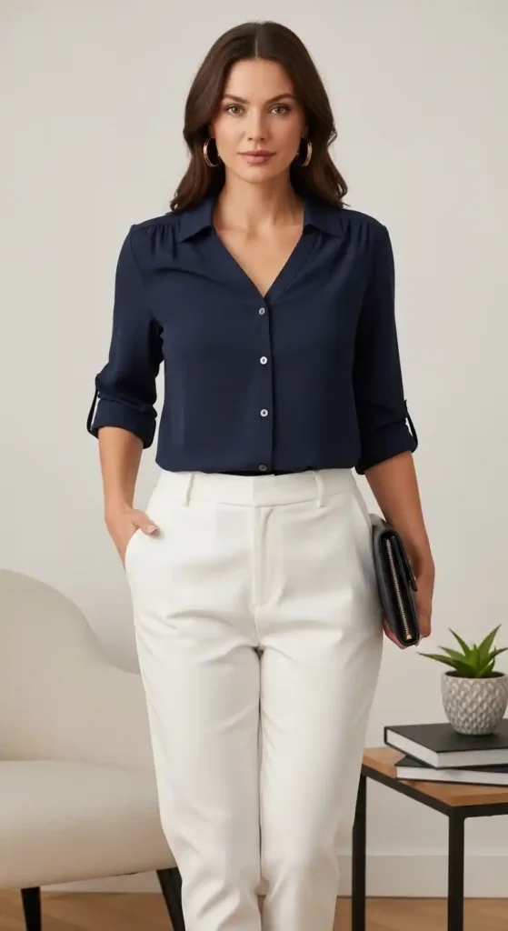navy-button-down-blouse-with-white-pants