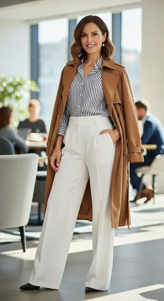 striped-collared-shirt-white-pants-and-brown-trench-coat