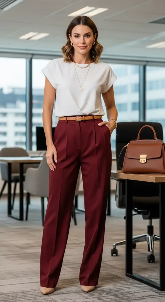 white-short-sleeve-top-and-burgundy-pants