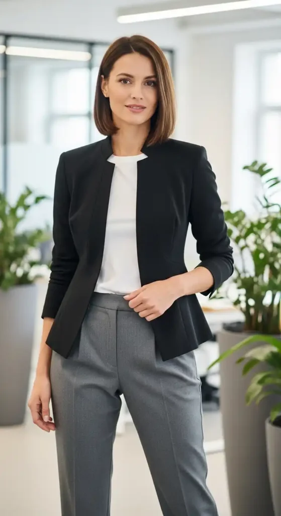 white-tee-black-jacket-and-gray-pants