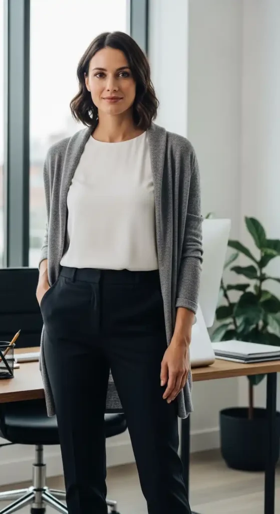 white-top-and-gray-cardigan-tucked-into-black-pants