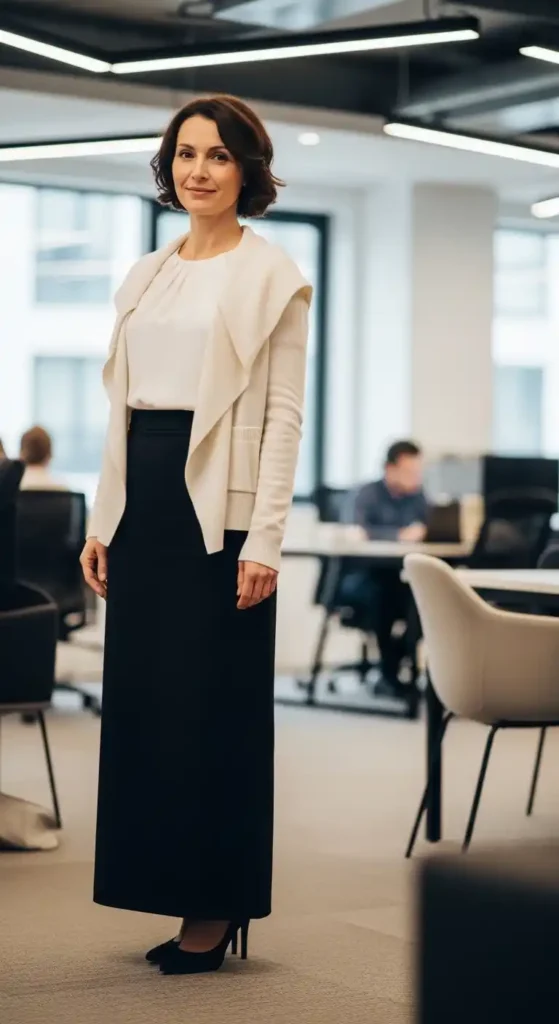 white-top-cream-cardigan-and-long-black-skirt