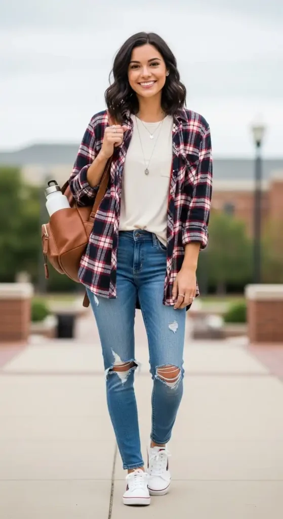 basic-tee-styled-with-flannel-shirt