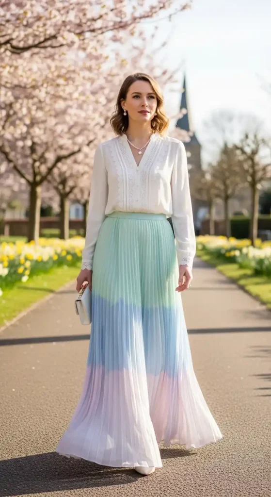 pleated-pastel-maxi-skirt-with-a-white-blouse