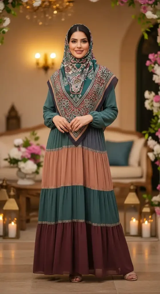 tiered-maxi-dress-with-printed-scarf