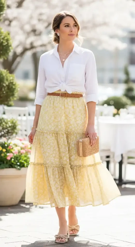 tiered-midi-skirt-with-button-up-shirt