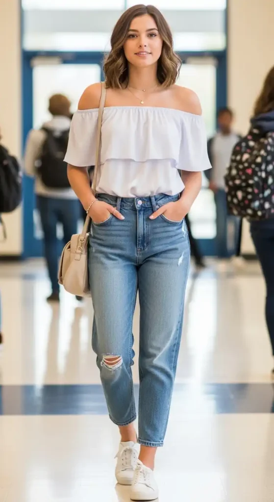 off-shoulder-top-with-mom-jeans